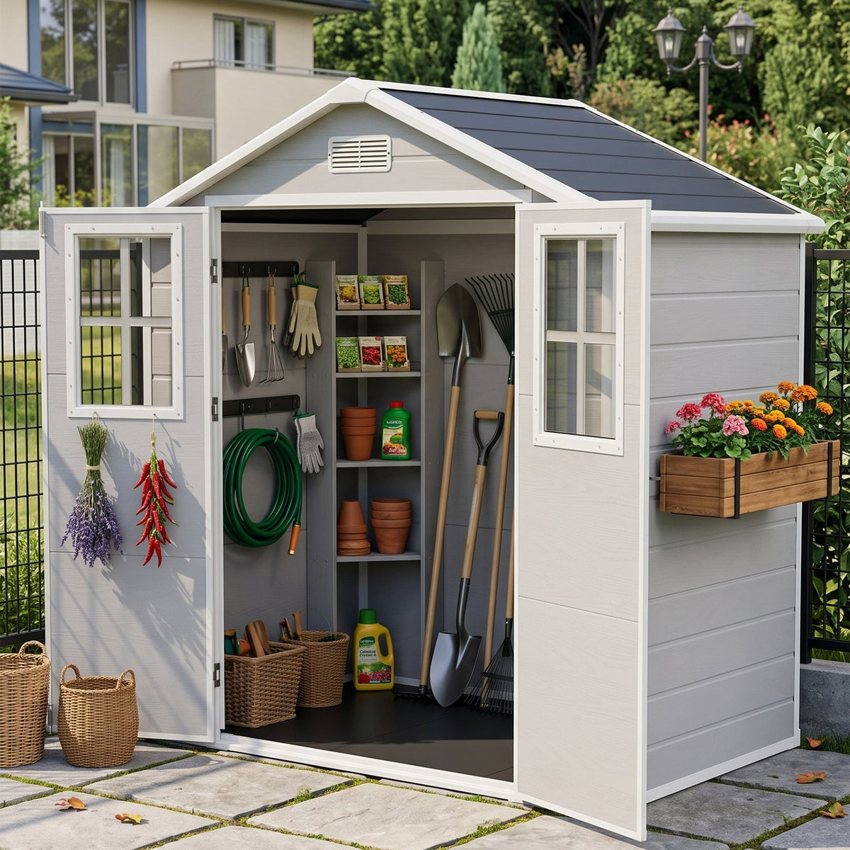 6 x 4 ft Plastic Garden Shed with Apex Roof & Lockable Double Doors