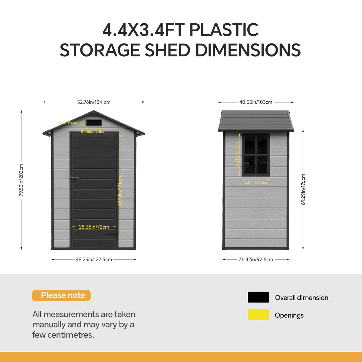4.4 x 3.4 ft Plastic Garden Storage Shed with Apex Roof & Lockable Hinged Door