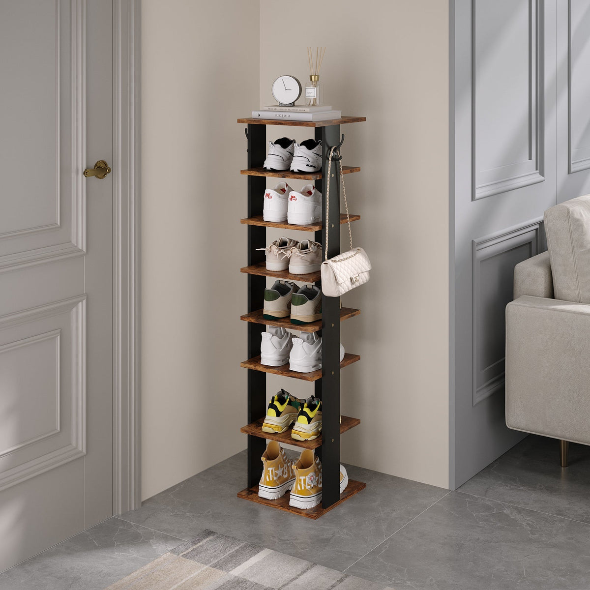 Natural Wood 8-Tier Shoe Rack for Entryway