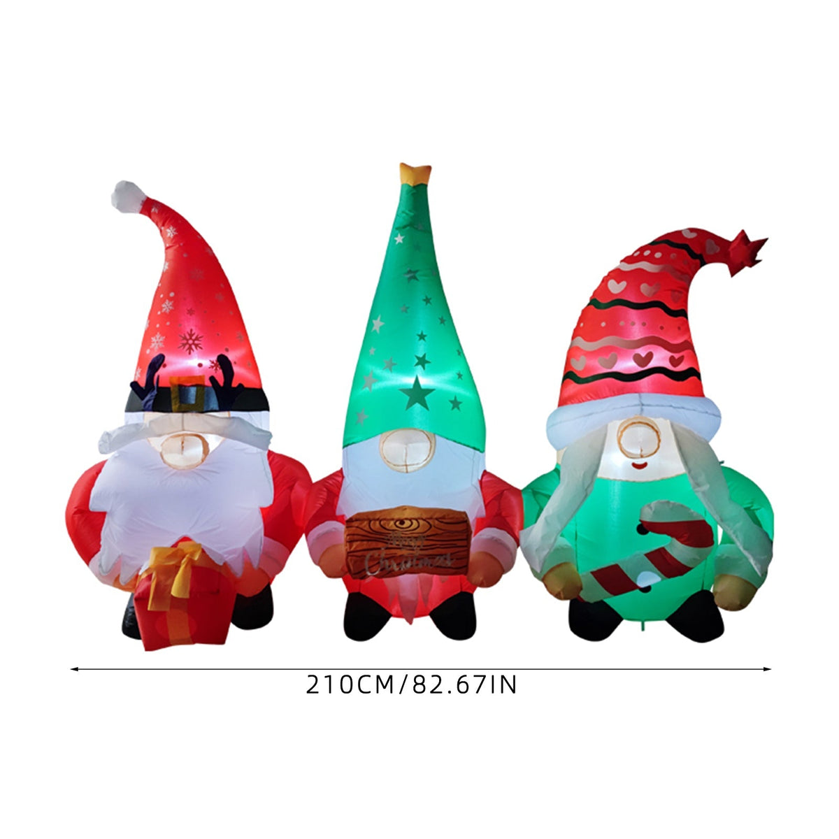 Garden Sanctuary Christmas inflatable gnome trio with LED lights, festive outdoor holiday decoration featuring cheerful gnome figures.