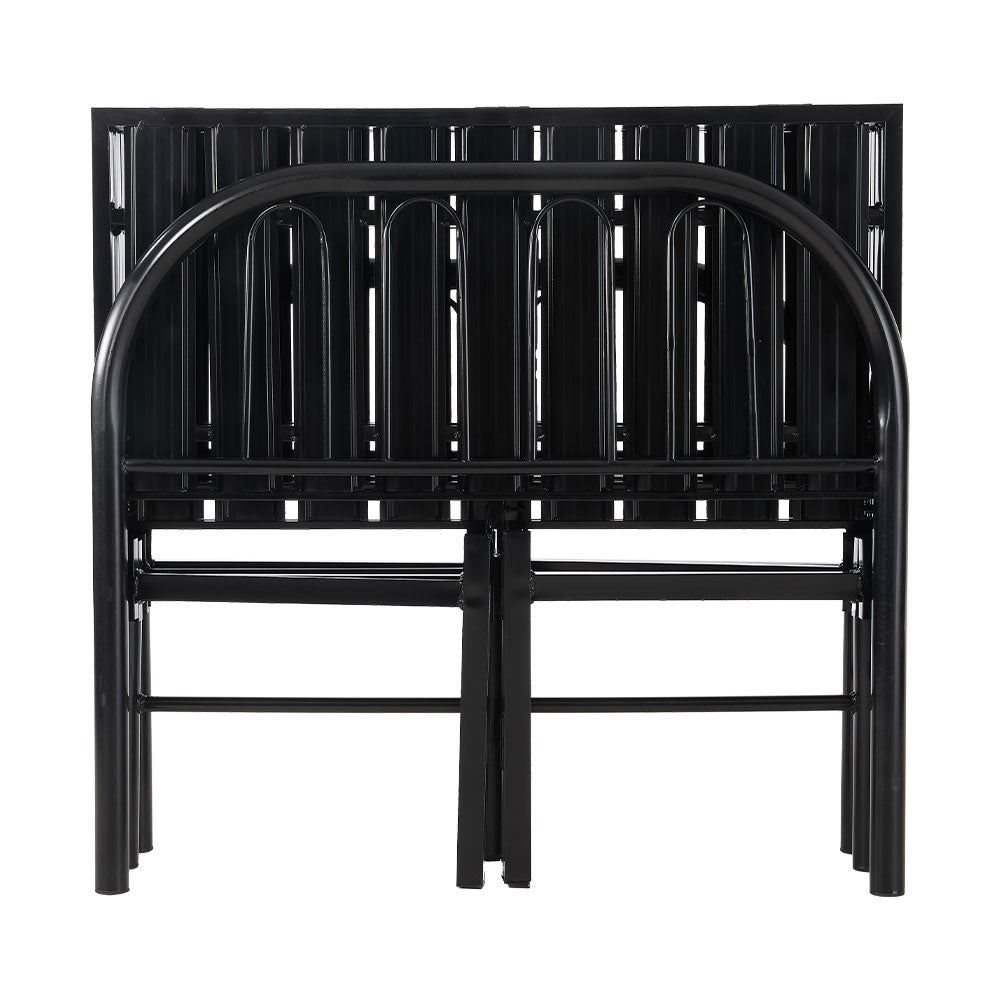 Garden Sanctuary metal folding bed frame with secure buckle design, showing the sturdy metal structure and foldable feature.
