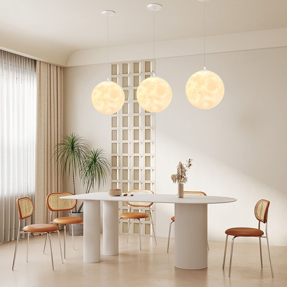 Creative 3D printed moon pendant light by DEMOLIGHTS hanging from ceiling, eco-friendly lunar globe chandelier for bedroom decor.