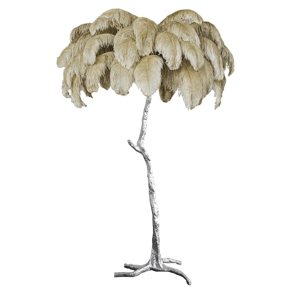Elegant DEMOLIGHTS luxury floor lamp with brass base and ostrich feather shade, stylish lighting for modern living spaces.