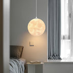 DEMOLIGHTS 3D printed moon pendant light hanging from ceiling, eco-friendly lunar globe chandelier for bedroom decor.