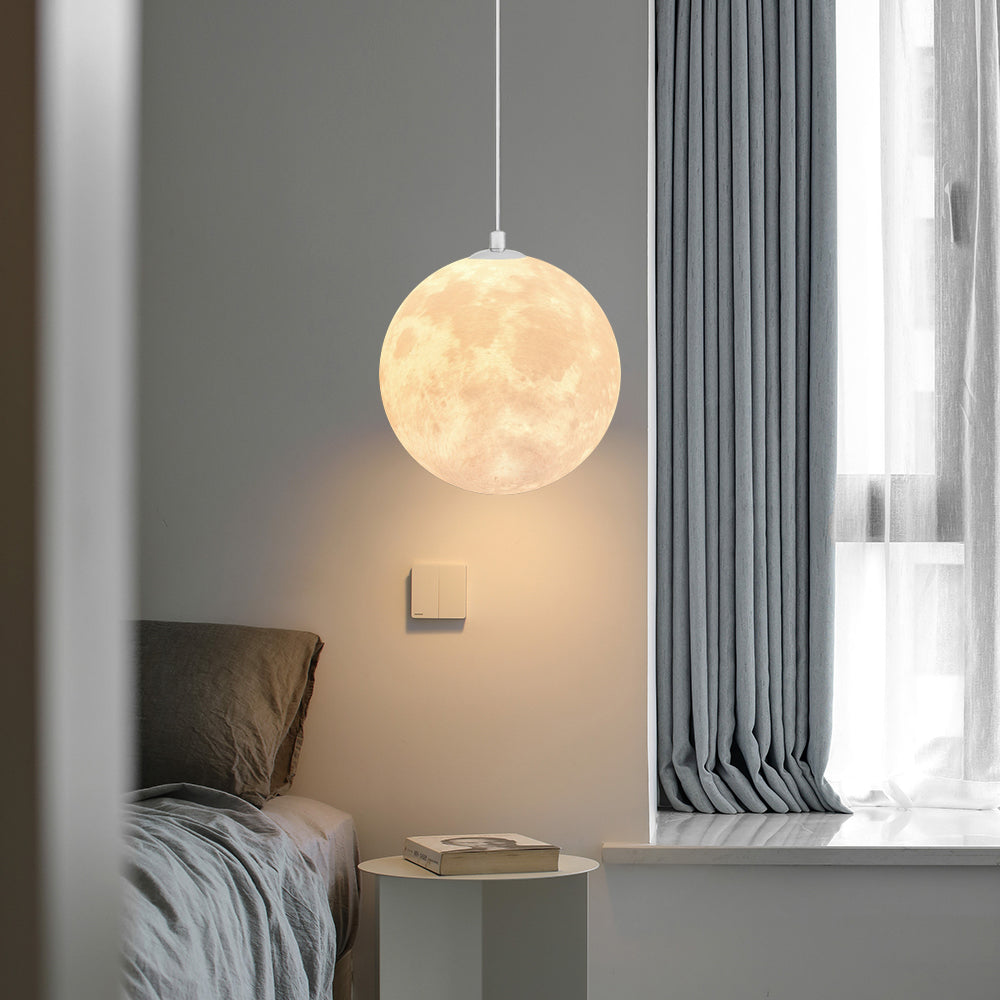 DEMOLIGHTS 3D printed moon pendant light hanging from ceiling, eco-friendly lunar globe chandelier for bedroom decor.