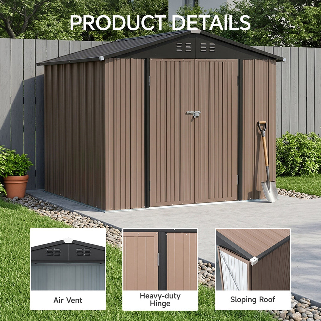 8 x 6 ft Metal Garden Storage Shed with Apex Roof & Lockable Double Doors