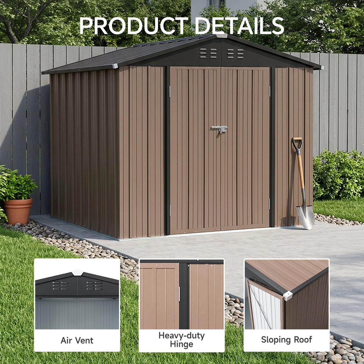 8 x 6 ft Metal Garden Storage Shed with Apex Roof & Lockable Double Doors
