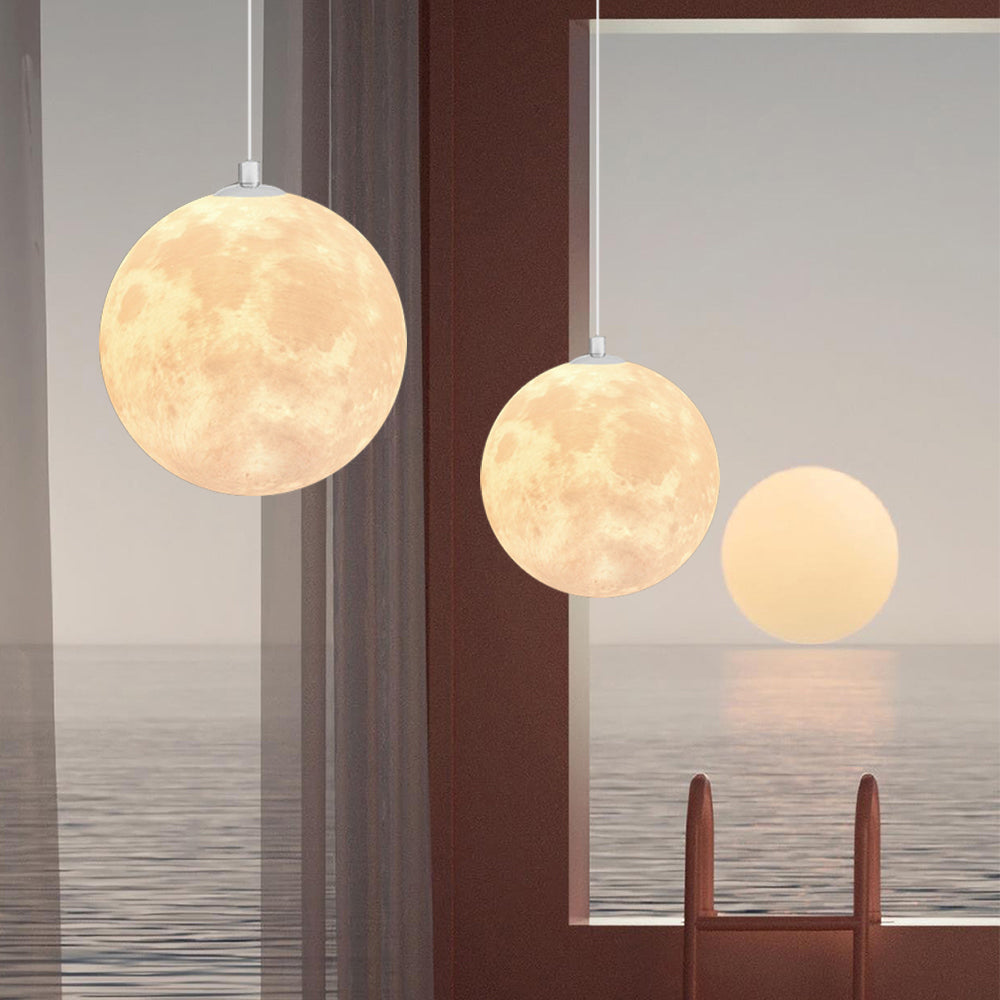 3D printed moon pendant light by DEMOLIGHTS, eco-friendly lunar globe chandelier perfect for bedroom ceiling lighting.