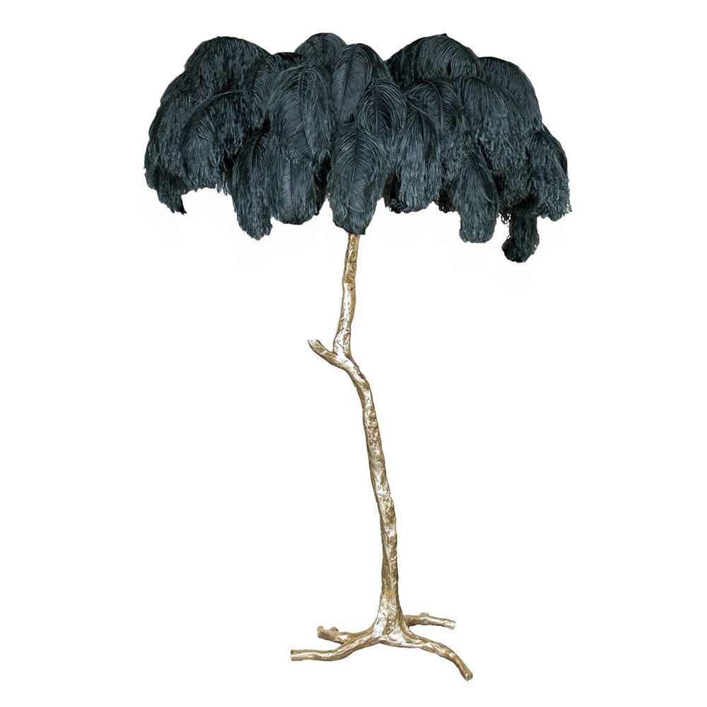 Luxury DEMOLIGHTS ostrich feather brass floor lamp with elegant feathered shade and sleek metal base in a modern living space.