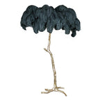 Luxury DEMOLIGHTS ostrich feather brass floor lamp with elegant feathered shade and sleek metal base in a modern living space.