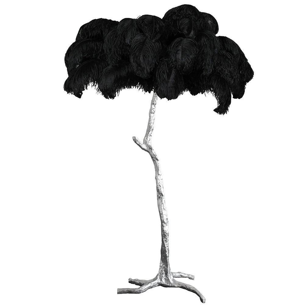 Luxury DEMOLIGHTS ostrich feather brass floor lamp with a tall standing design and elegant feather shade.