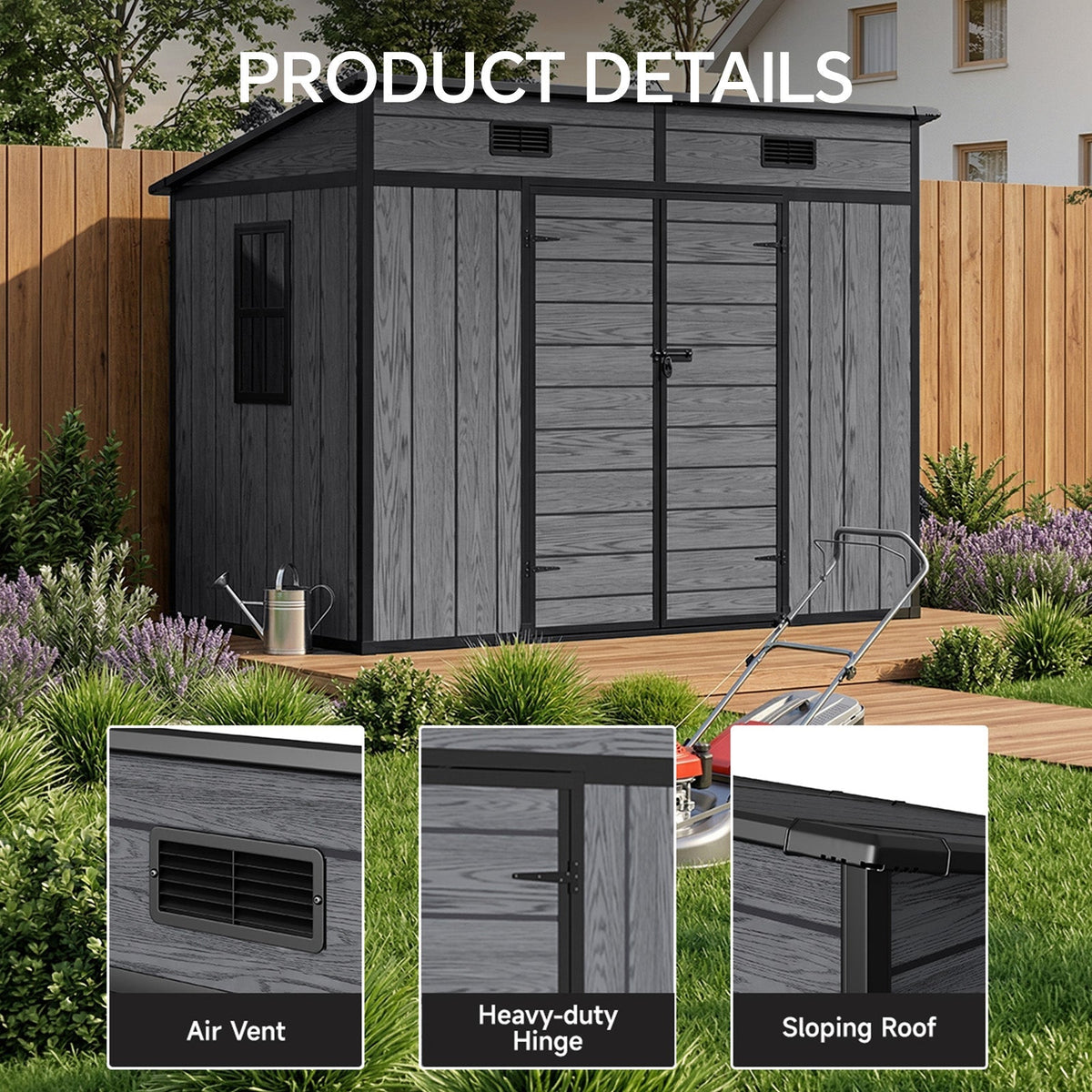 8 x 4 ft Plastic Garden Storage Shed with Pent Roof & Double Doors