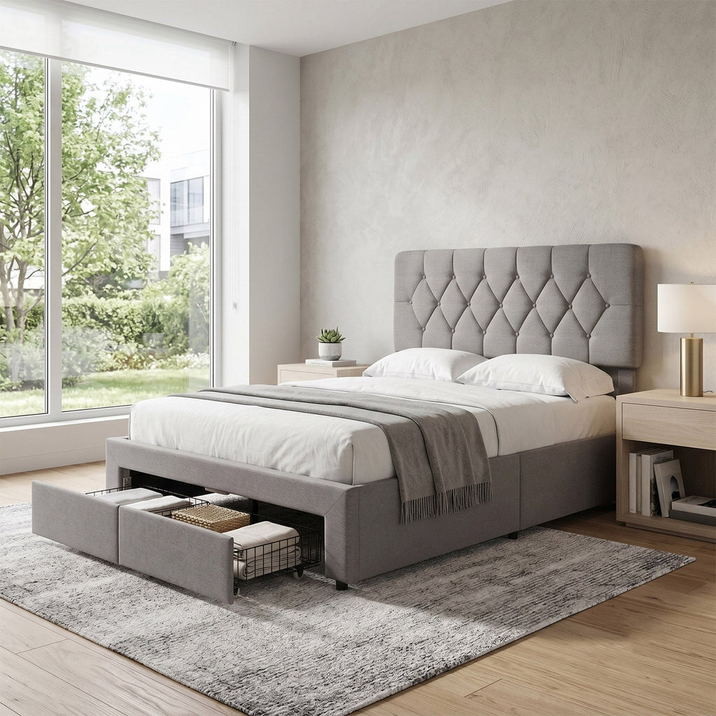 Garden Sanctuary double upholstered bed frame with built-in storage drawers, showcasing plush fabric and modern design.