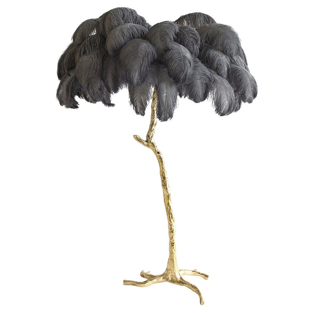 Luxury DEMOLIGHTS ostrich feather brass floor lamp with elegant feather shade and sleek brass base, modern lighting decor.