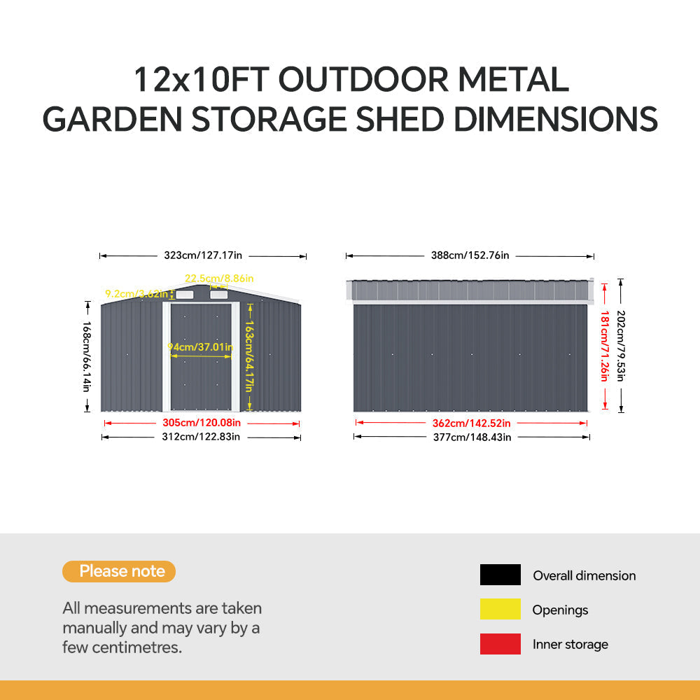10 x 12 ft Metal Garden Storage Shed with Apex Roof