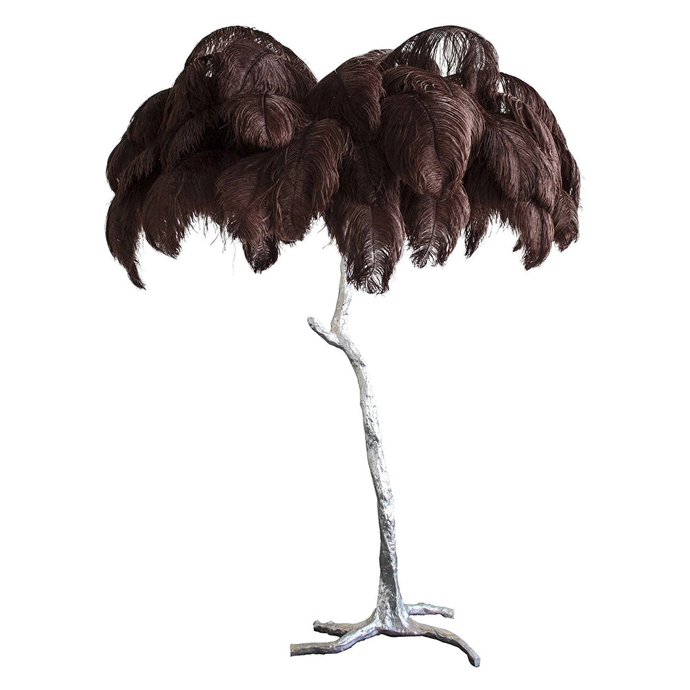 Elegant DEMOLIGHTS luxury ostrich feather brass floor lamp with a tall stand and feathered shade, adding sophisticated lighting to a room.