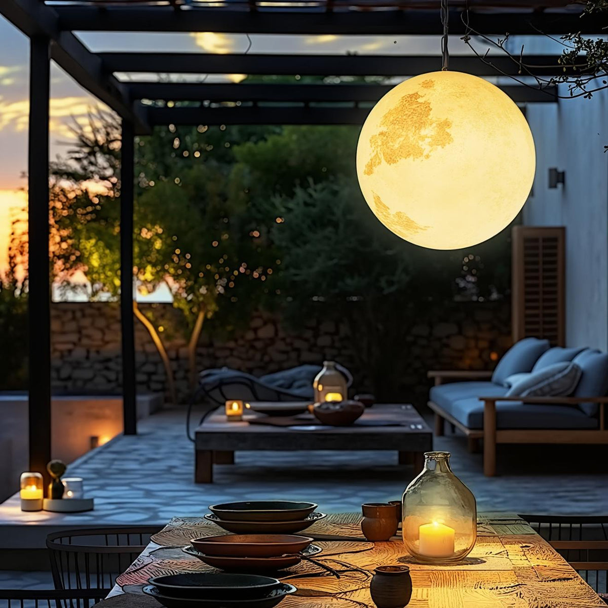 Creative 3D printed moon pendant light by DEMOLIGHTS, eco-friendly lunar globe ceiling chandelier for bedroom decor.