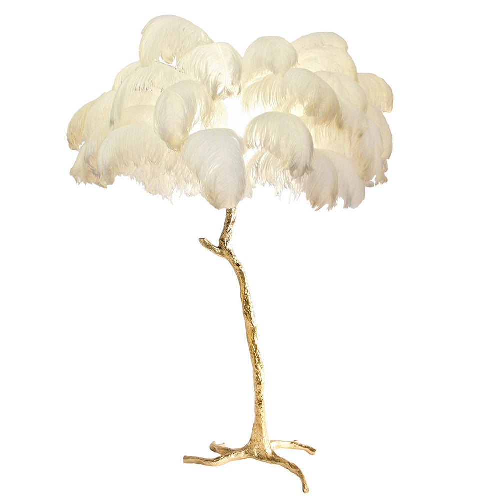 Luxury DEMOLIGHTS ostrich feather brass floor lamp with elegant feather shade and polished brass base, modern lighting decor.