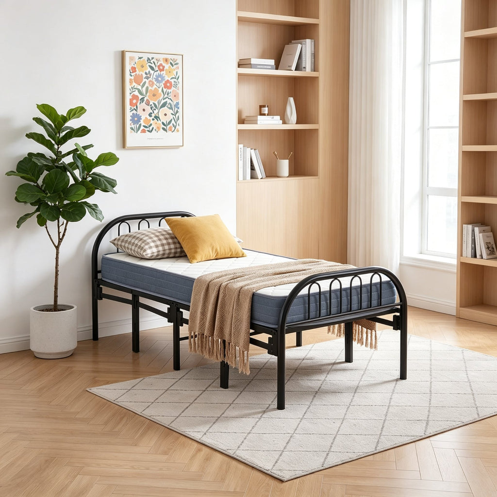 Garden Sanctuary metal folding bed frame with secure buckle design, showing sturdy construction and compact folding mechanism.