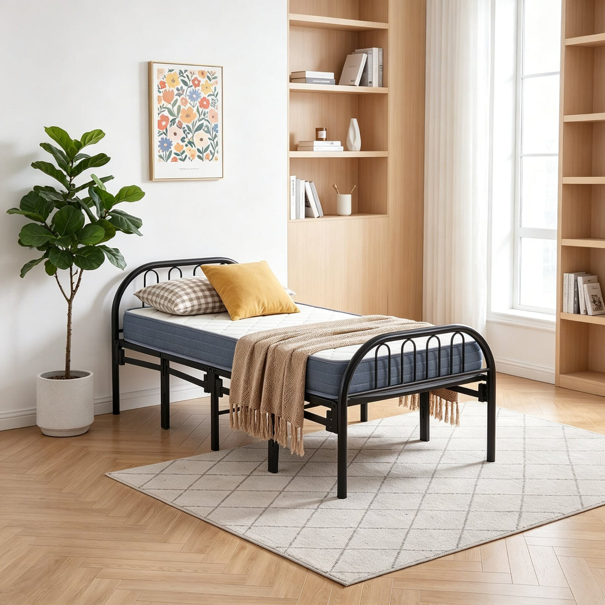 Garden Sanctuary metal folding bed frame with secure buckle design, showing sturdy construction and compact folding mechanism.