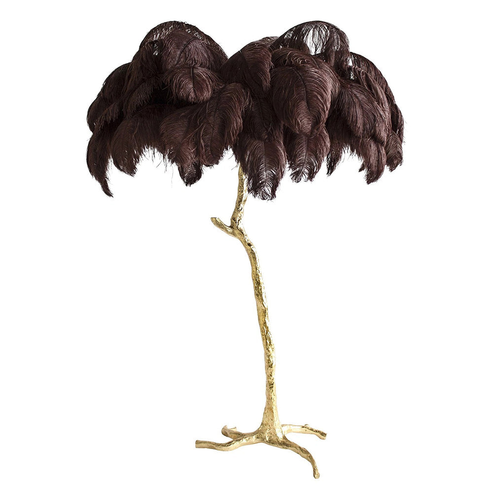 Demolights luxury brass floor lamp with an elegant ostrich feather shade, modern design for stylish living spaces