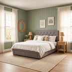 Garden Sanctuary double upholstered bed frame with built-in storage drawers, featuring a plush headboard and sturdy wooden construction.