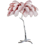Luxury DEMOLIGHTS ostrich feather brass floor lamp with tall stand and elegant feather shade, modern lighting fixture.