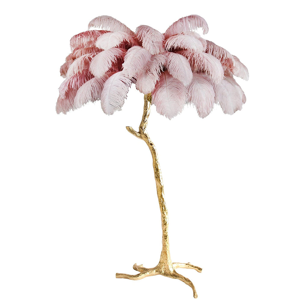 Luxury DEMOLIGHTS ostrich feather brass floor lamp with a tall, elegant design and a feathered lampshade.