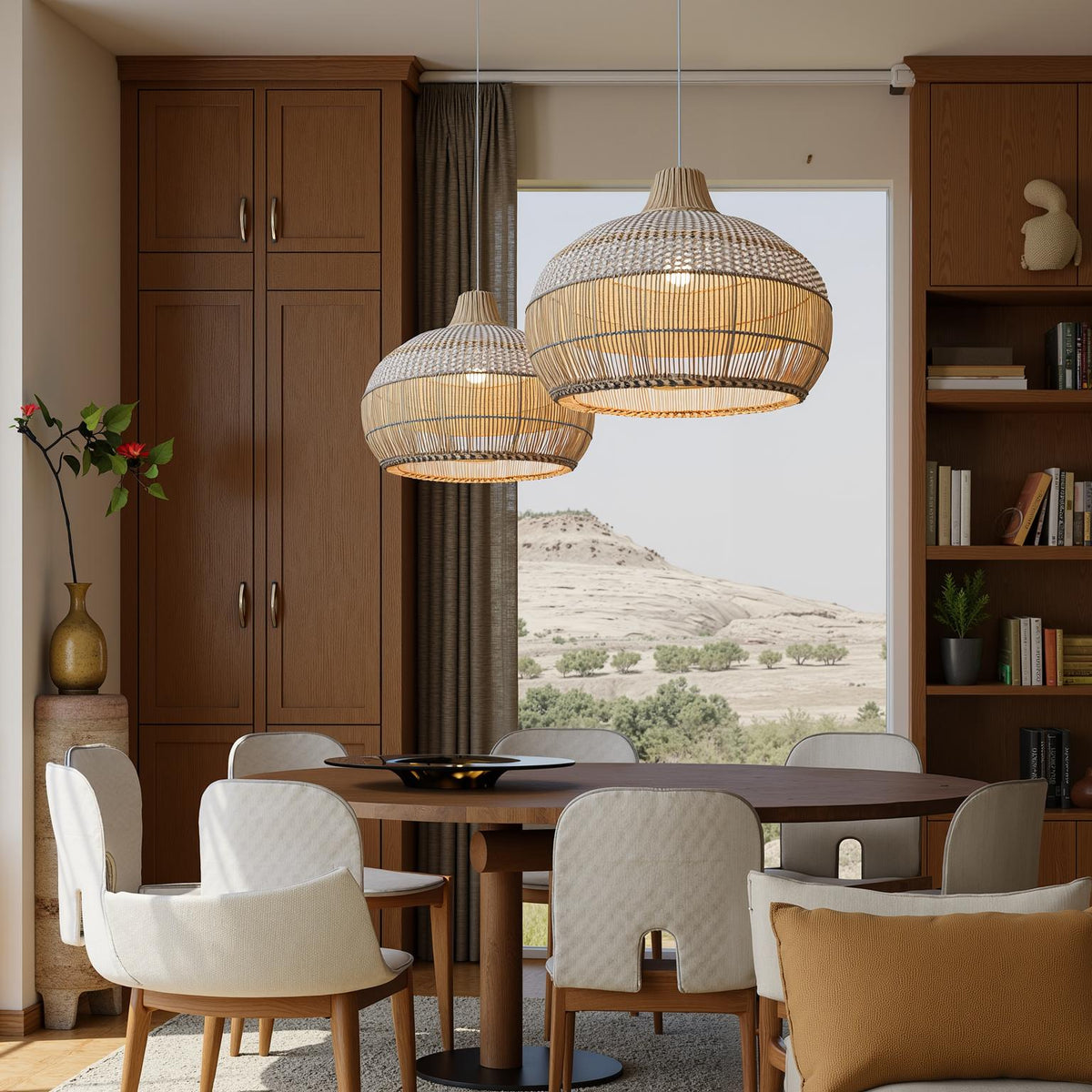 Handwoven rattan pendant light by DEMOLIGHTS, boho ceiling lamp for kitchen island, featuring natural woven rattan design.