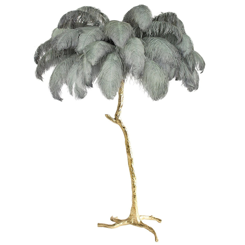 Elegant DEMOLIGHTS luxury brass floor lamp with a feathered ostrich feather shade, tall standing design for stylish lighting.