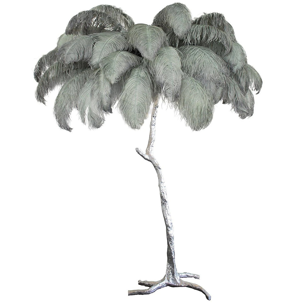 Luxury DEMOLIGHTS ostrich feather brass floor lamp with elegant feather shade and sleek brass stand, stylish lighting for living spaces.