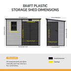 4 x 8 ft Plastic Garden Storage Shed with Pent Roof & Lockable Door