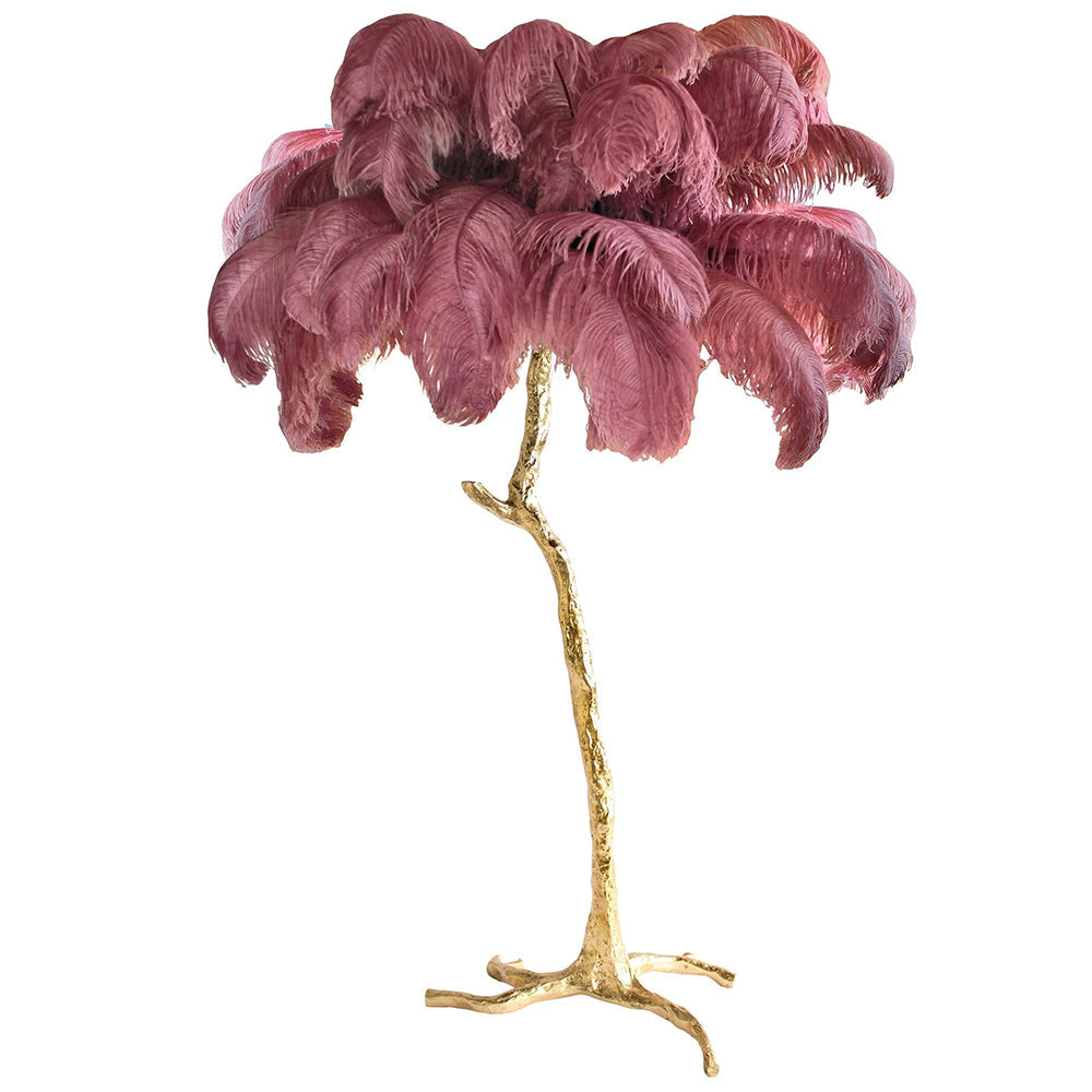 DEMOLIGHTS luxury ostrich feather brass floor lamp with a tall, elegant design and feathered shade, perfect for stylish living spaces.