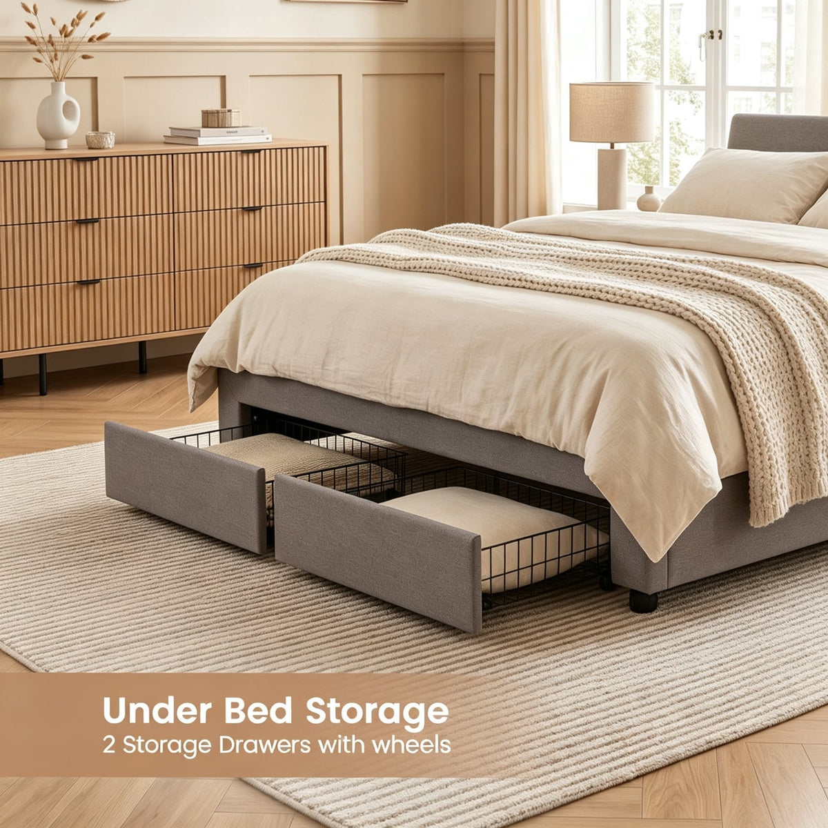Garden Sanctuary double upholstered bed frame with built-in storage drawers, featuring a padded headboard and sturdy wooden construction.