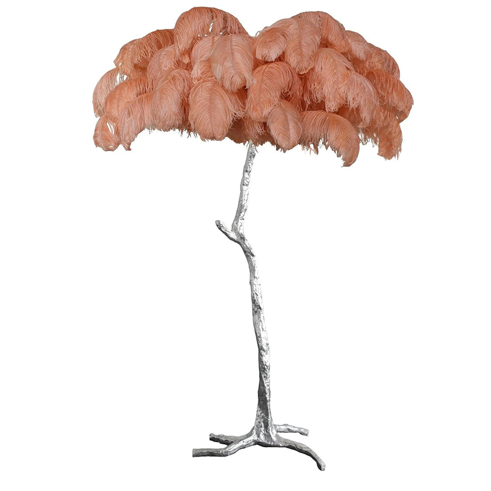 Elegant DEMOLIGHTS luxury ostrich feather brass floor lamp with a tall, sleek design and feathered lampshade for modern home decor.