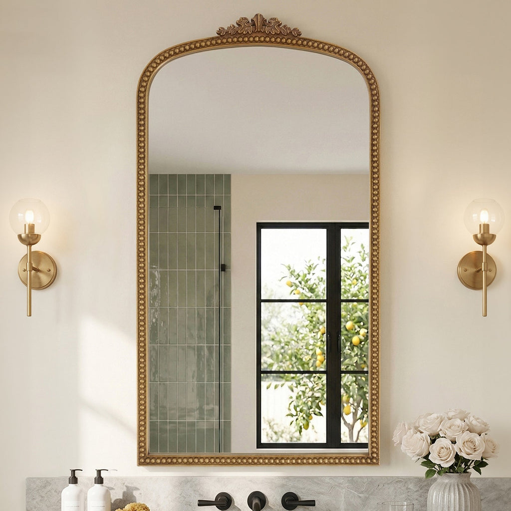 Gold Arched Decorative Vanity Mirror with Carved Frame