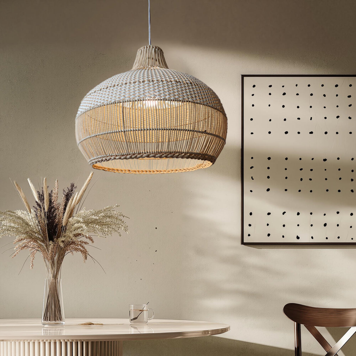 Handwoven rattan pendant light by DEMOLIGHTS hanging above a kitchen island, boho ceiling lamp with intricate woven design.