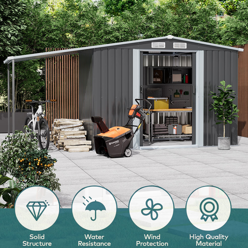 8 x 6 ft Metal Garden Storage Shed with Apex Roof & 4 ft Side Lean-to