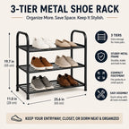 3-Tier Freestanding Metal Shoe Rack, Black, 65 x 28 x 50 cm