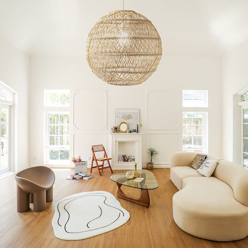 Rattan woven basket pendant chandelier from DEMOLIGHTS, featuring a natural rattan lamp shade for cozy lighting.