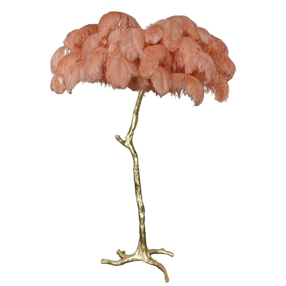 Luxury DEMOLIGHTS ostrich feather brass floor lamp with a tall standing design and elegant feather shade.