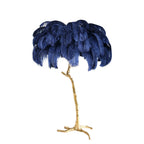 Luxury DEMOLIGHTS Ostrich Feather Brass Floor Lamp with tall stand and elegant feather shade, stylish lighting for modern interiors.