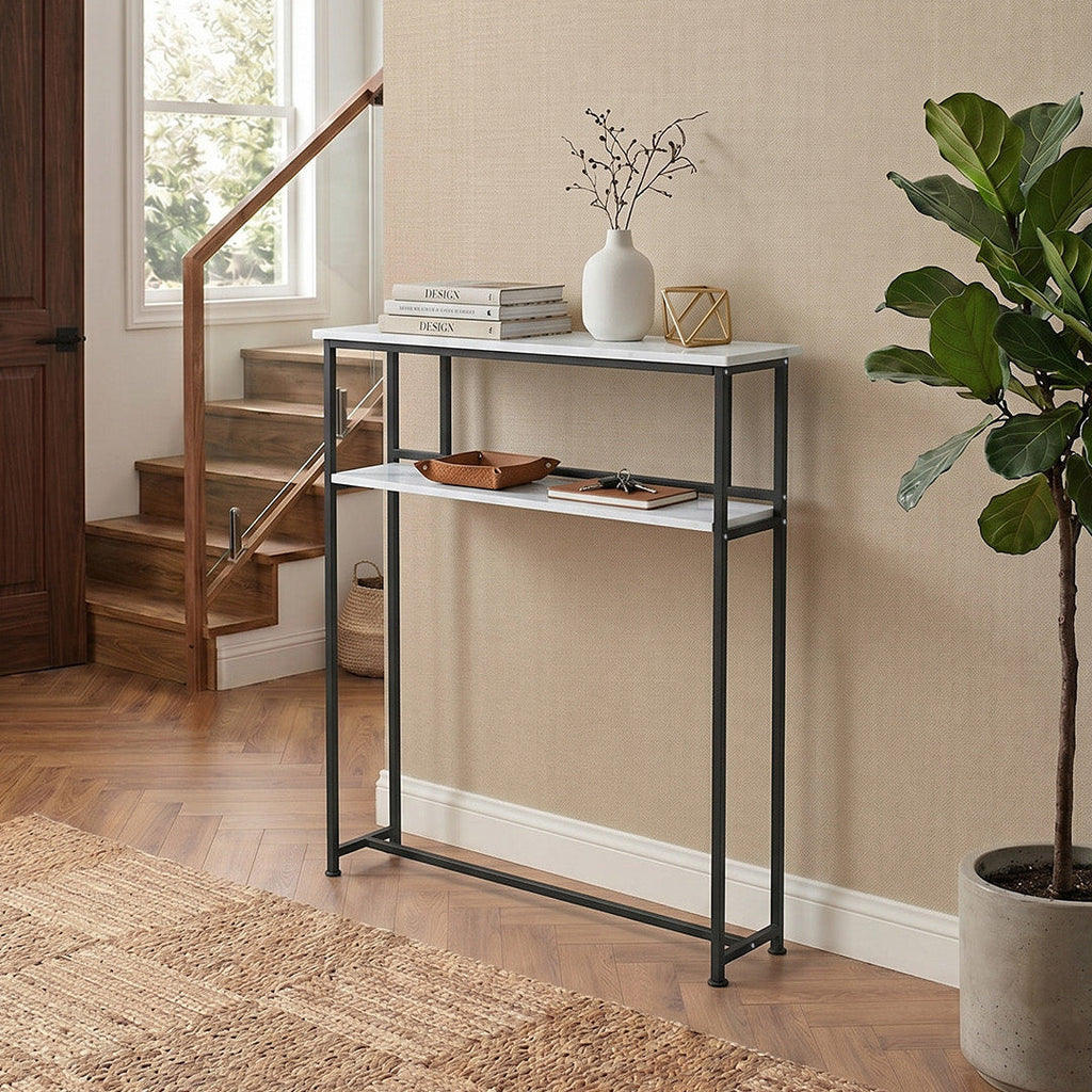 2-Tier Narrow Marble-Effect Console Table