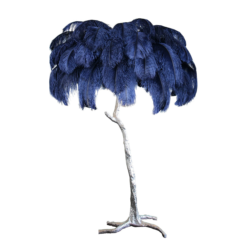 Luxury DEMOLIGHTS ostrich feather brass floor lamp with a tall, elegant design and feathered lampshade, suitable for modern living rooms.