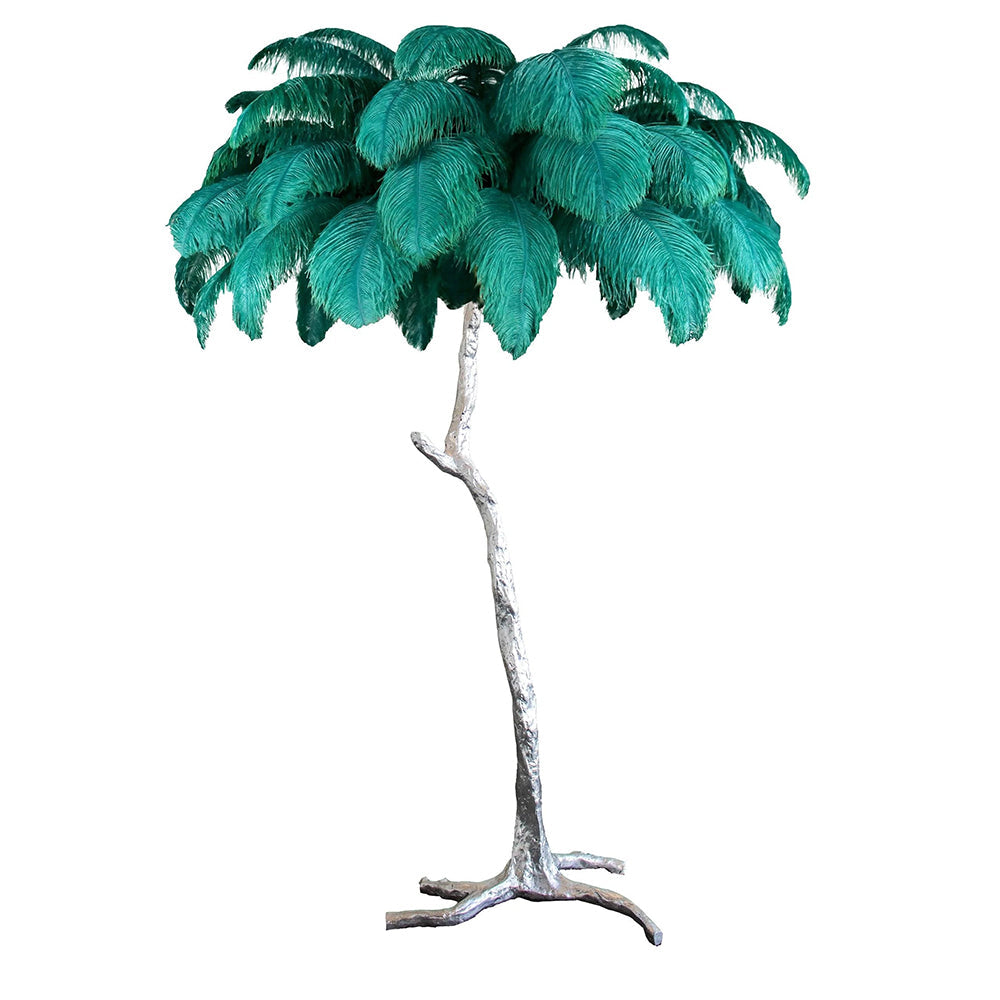 Luxury DEMOLIGHTS ostrich feather brass floor lamp with elegant feather shade and sleek brass finish, standing tall in modern decor.