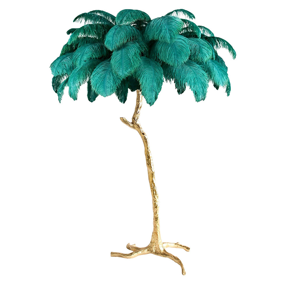 Luxury DEMOLIGHTS ostrich feather brass floor lamp with a tall, elegant design and feathered lampshade standing on a sleek base.