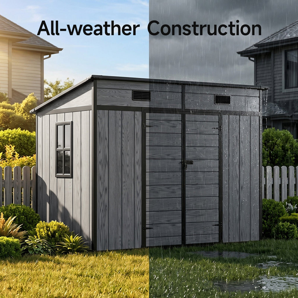 8 x 4 ft Plastic Garden Storage Shed with Pent Roof & Double Doors