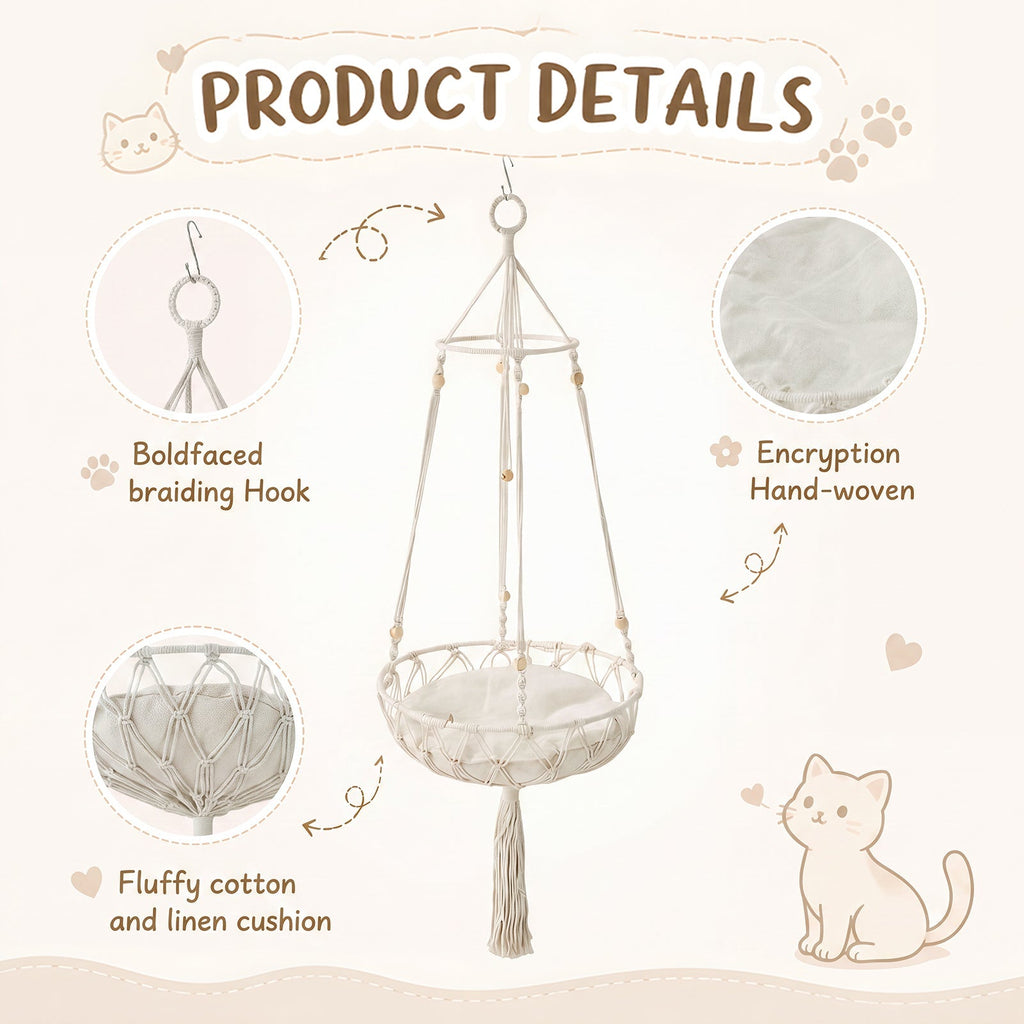 Bohemian Style Handwoven Cat Hammock Cat Bed with Soft Cushion
