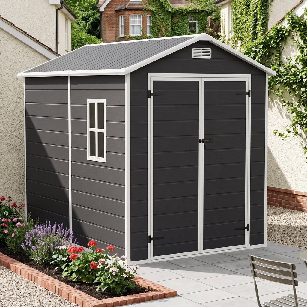 6 x 8 ft Plastic Garden Storage Shed with Apex Roof & Lockable Double Doors