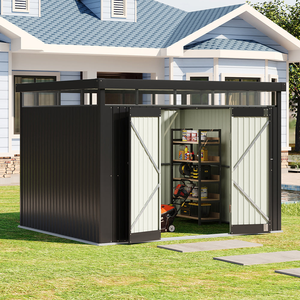 10 x 8 ft Metal Garden Storage Shed with Flat Roof & Double Doors